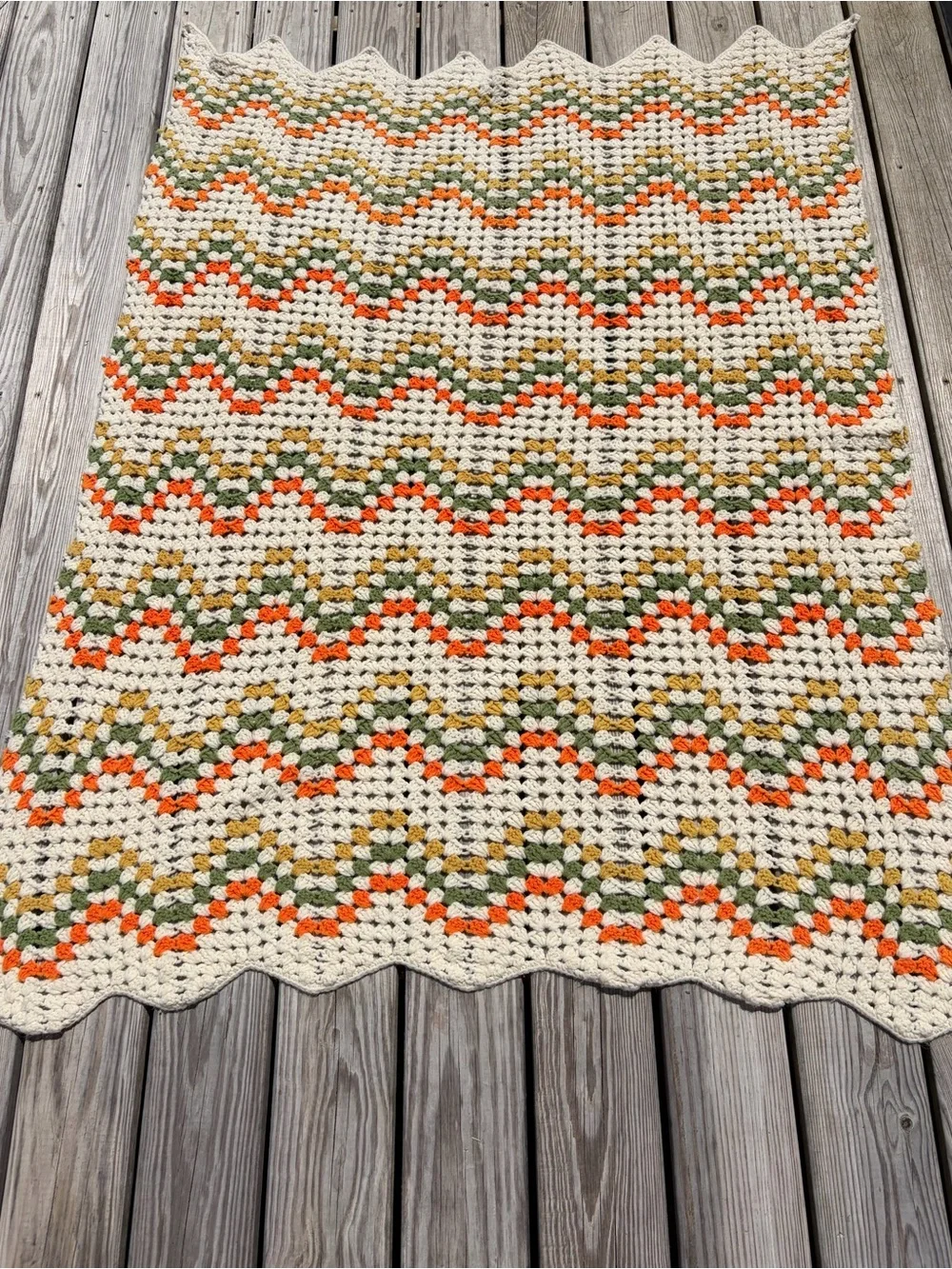 Vintage Crochet Afghan Throw Blanket Chevron Retro 70’s Colors 60 x 40 Scalloped